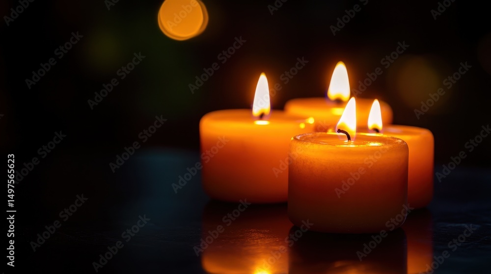 Warm glow of four lit candles in dark atmosphere Warm glow of four lit candles in dark atmosphere