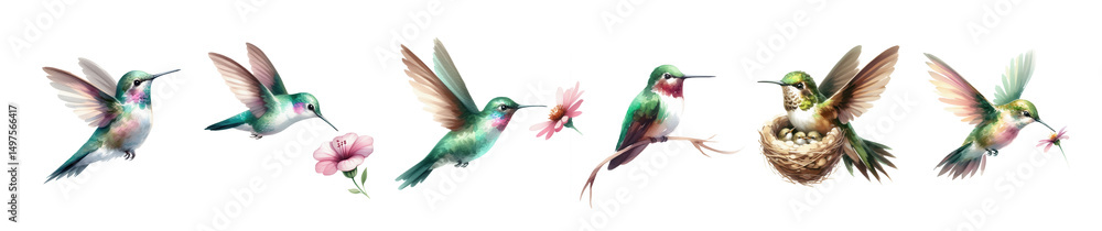 Obraz premium Hummingbirds aerial ballet near floral blooms