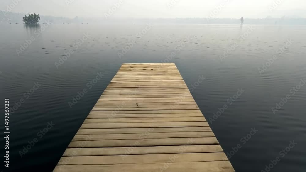 Tranquil dock extending into calm misty lake with serene water reflecting soft morning light and distant landscape Tranquil dock extending into calm misty lake with serene water reflecting soft morning light and distant landscape