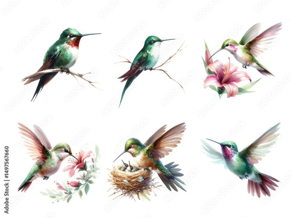 Obraz premium Watercolor hummingbirds vibrant avian artistry
