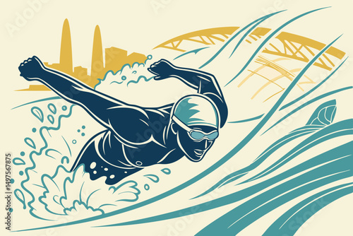 Vector Illustration Of A Swimmer In Mid Stroke Fr