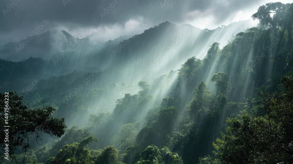 Obraz premium Sun-kissed Mountain Canopy: Majestic mountains, enshrouded in a mystical fog, are pierced by ethereal rays of sunlight, casting a divine glow over the lush, emerald green landscape.