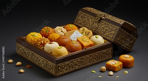 Indian Sweets in Ornate Wooden Box