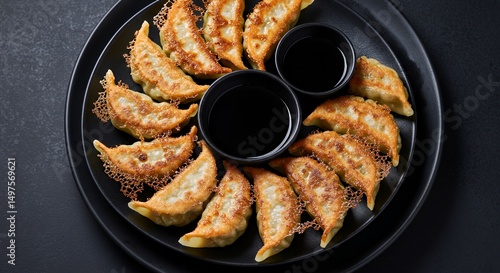 Fried Gyoza with Soy Sauce on Black Plate