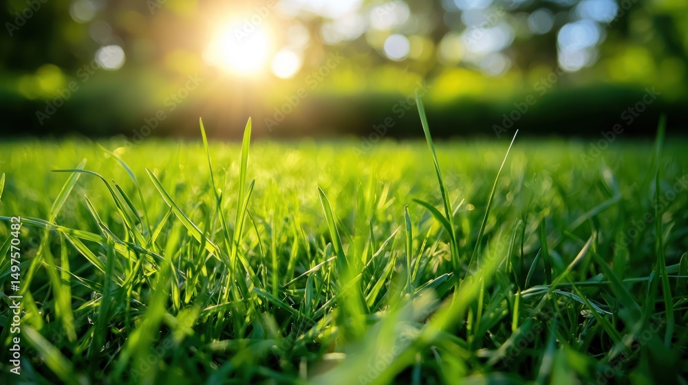 Naklejka premium A lush green lawn with sunlight shining through the trees, creating a serene and vibrant atmosphere.