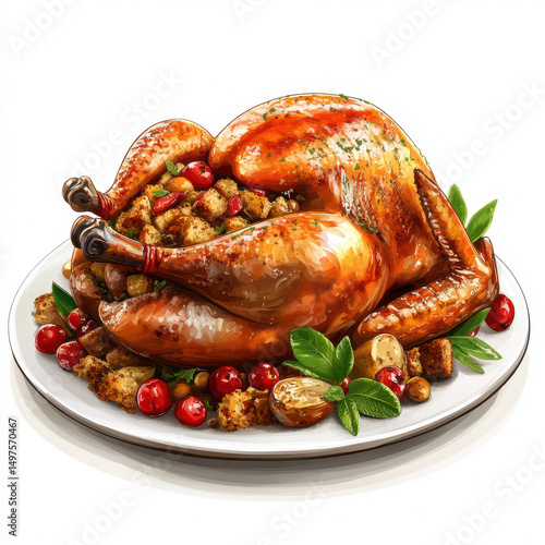 Roasted turkey garnished with herbs, cranberries, and stuffing on a decorative platter against a white background