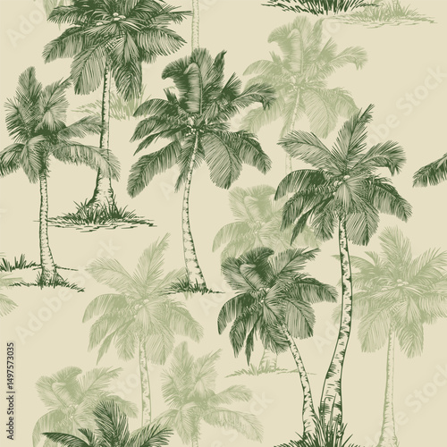 Seamless pattern with coconut palm trees and tropical plants. Toile de Jouy style. Hand drawn vector illustration.