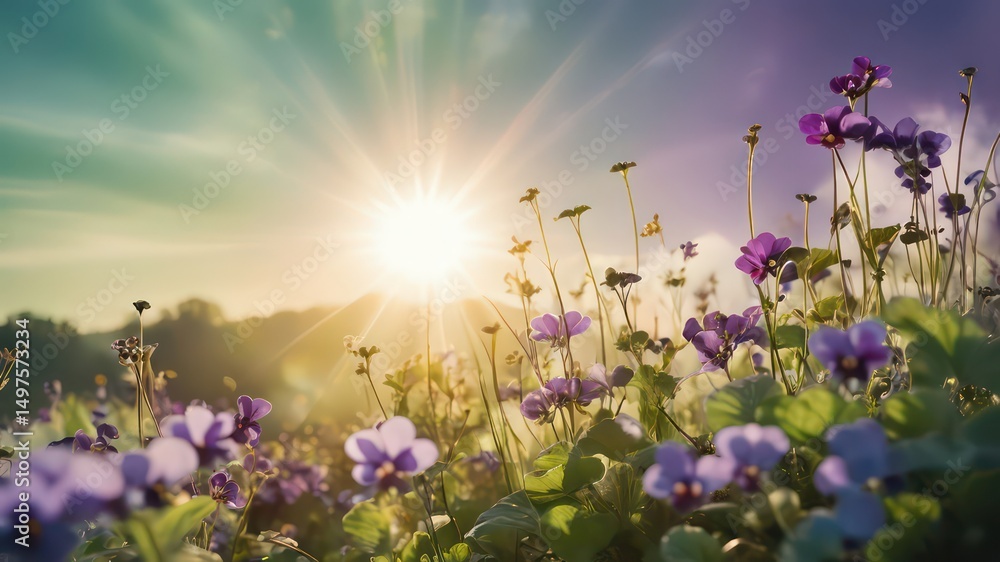 Obraz premium Vibrant purple wildflowers illuminated by a radiant sunrise in a picturesque meadow