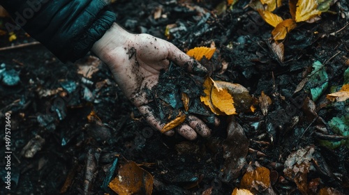 Hand holding rich dark soil and autumn leaves.