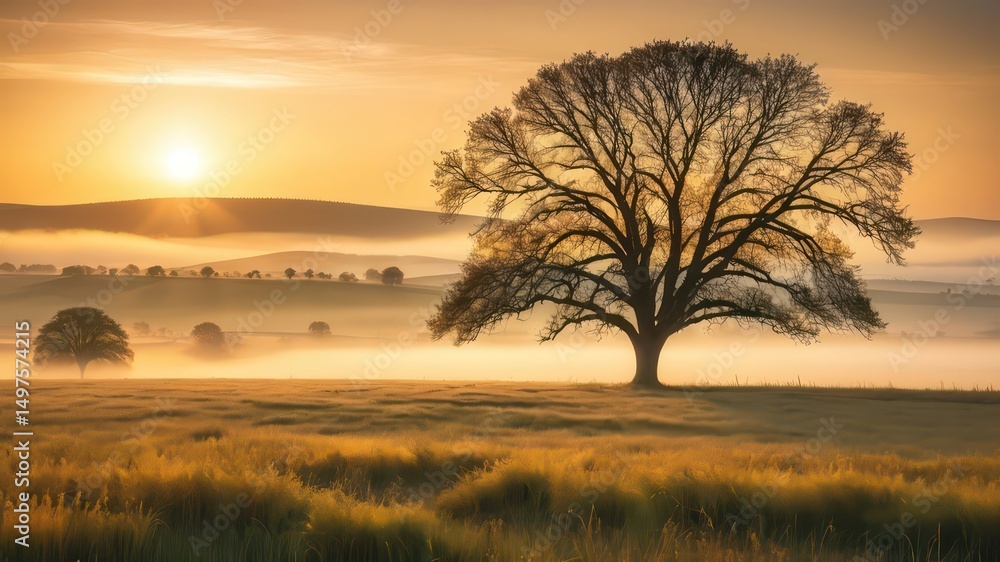 Serene Sunrise Over Rolling Hills and a Solitary Tree Serene Sunrise Over Rolling Hills and a Solitary Tree