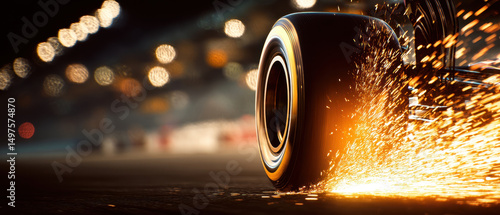 High speed car tire sparks on track at night, creating dynamic energy