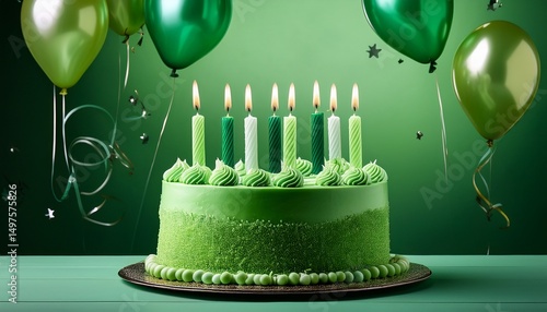 green birthday cake with candles green background and balloons