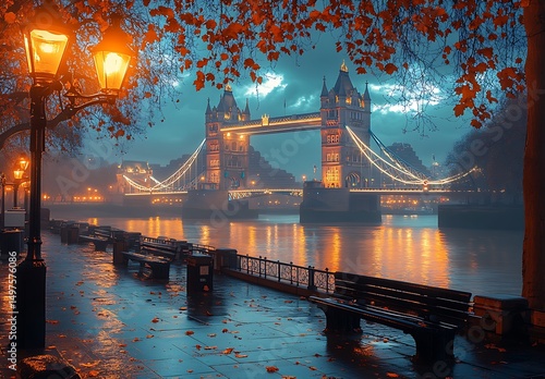 Illuminated tower bridge along the thames river at dusk with autumnal foliage