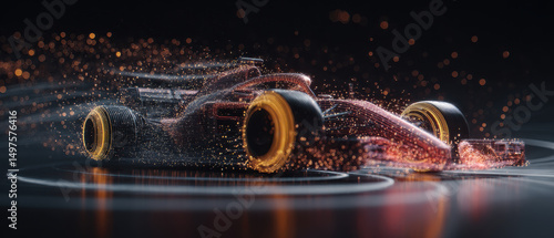 Sleek race car surrounded by swirling tech particles on dark background
