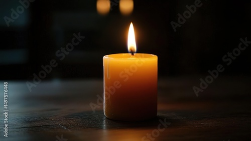 A single lit candle with a yellow flame on a dark wooden table.