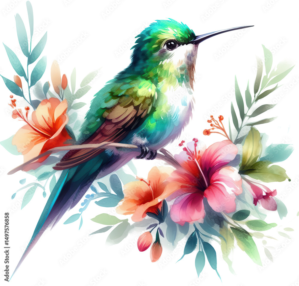 Obraz premium Emerald hummingbird amidst hibiscus blossoms watercolor