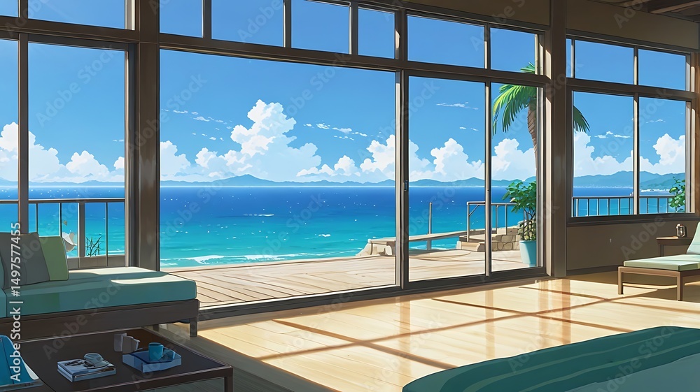 Fototapeta premium Anime vacation home by the sea, large windows, warm glow
