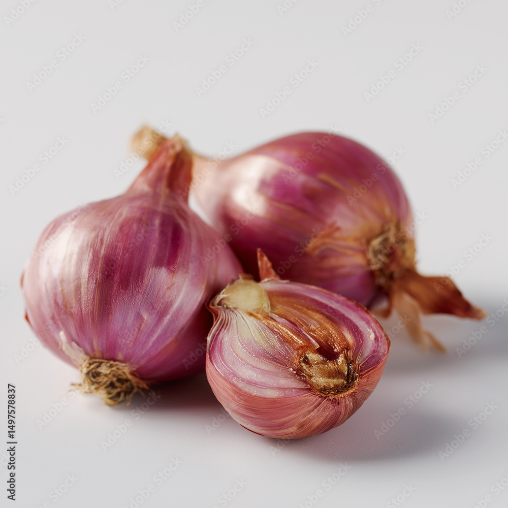 Fototapeta premium Fresh Shallots on White Background – AI Generated Image