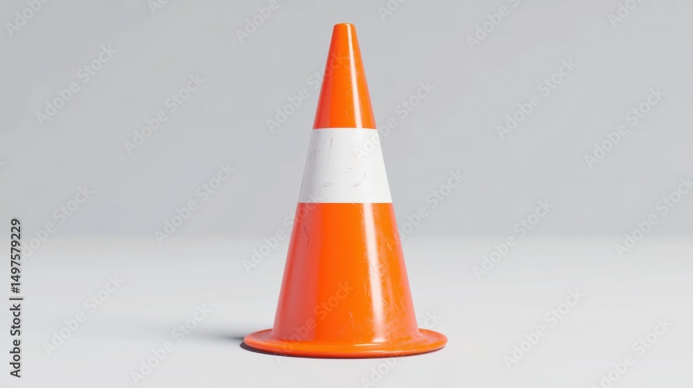 A solitary orange traffic cone with a white stripe on a plain white background. A solitary orange traffic cone with a white stripe on a plain white background.