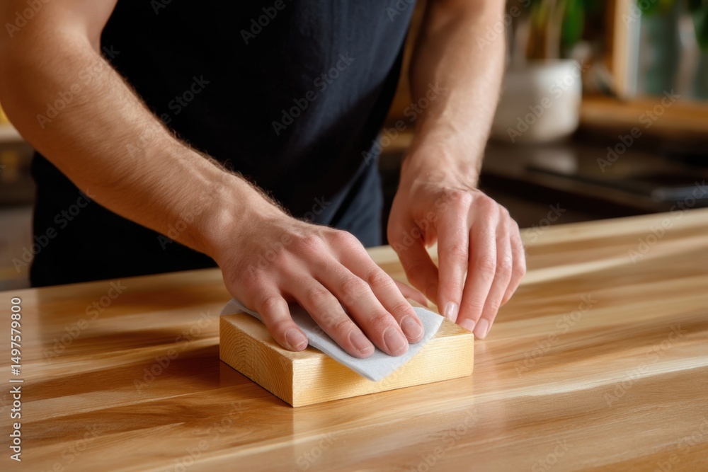 Obraz premium weathered hands smoothing wood surface with sandpaper, precision and care