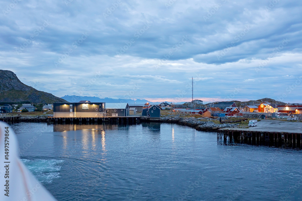 Naklejka premium Family with kids and dog, traveling with ferry from Moskenesoya to Varoya with pet dog, dog in backpack