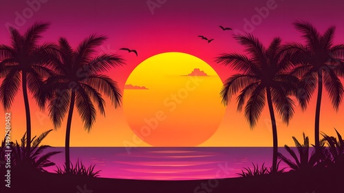 Vibrant Sunset Tropical Beach Palm Trees Silhouette