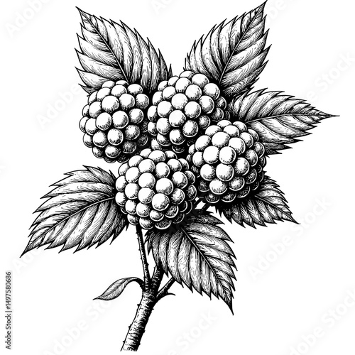 Black ink vintage sketch of single thimbleberry with leaves  