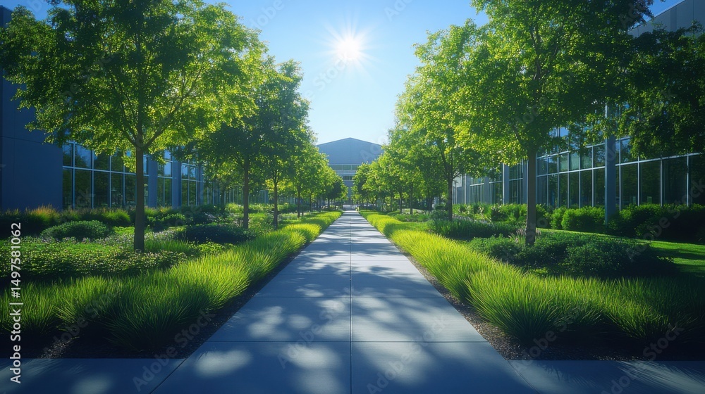 Fototapeta premium Concrete Pathway with Trees Leading to Building