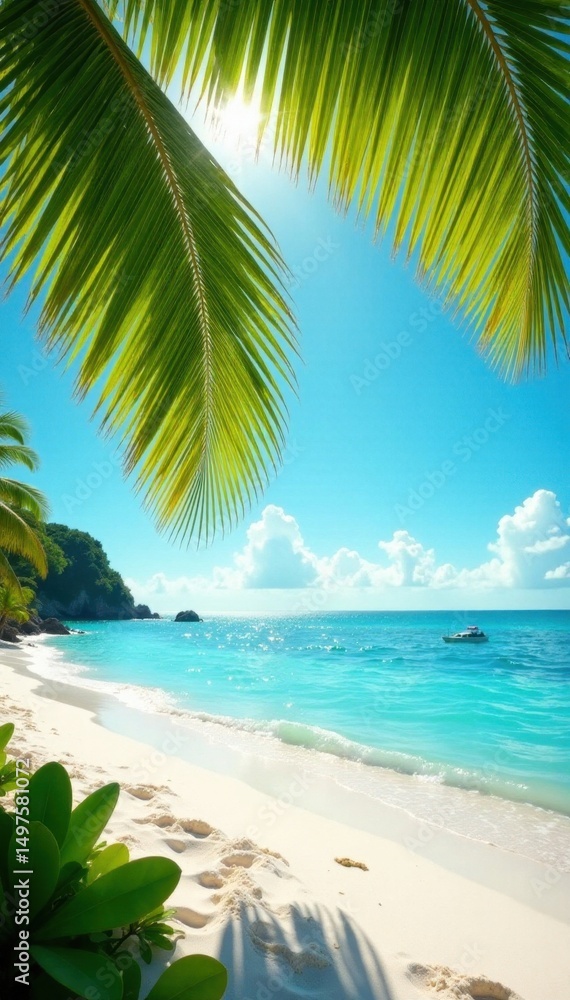 Fototapeta premium Sun-drenched palm leaves frame idyllic tropical beach, turquoise water , seychelles, peaceful
