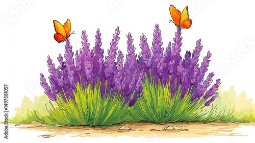 Watercolor Painting of Lavender Bush and Butterflies