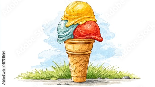 Watercolor Painting of Three Scoops Ice Cream in Waffle Cone