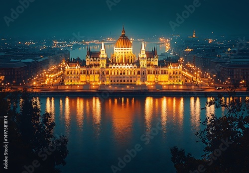 The illuminated hungarian parliament building reflected in the danube river at night