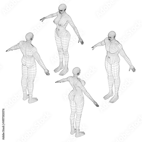 Four figures of woman in different poses. The first figure is standing with her arms crossed, the second figure is bending over, the third figure is standing with her arms outstretched. Isometric view