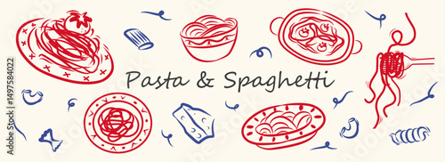 Minimalist hand drawn pasta and spaghetti vector illustration. Whimsical art for greeting cards, wedding invitations, pasty, poster design, postcards, and branding. Different mediterranean summer set.