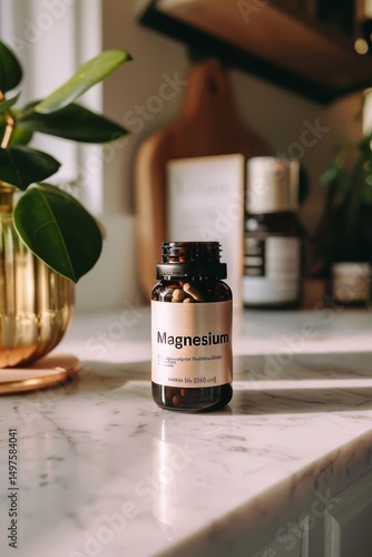 Wallpaper Mural A bottle of magnesium capsules sits on a marble countertop, with plants and other objects blurred in the background, bathed in soft, natural light. Torontodigital.ca