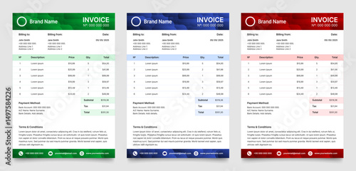 Set of Invoice templates. Payment agreement, corporate bill, receipt. Business template, A4 format ready to print. Green, red and blue gradient banners with geometric pattern	