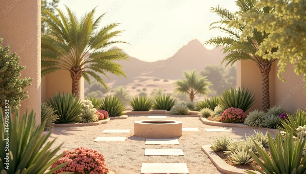 Desert Garden with Palm Trees and Fire Pit in Neutral Tones Desert Garden with Palm Trees and Fire Pit in Neutral Tones