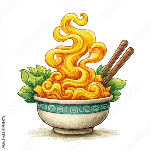 Whimsical Illustration of Steaming Noodles in a Bowl