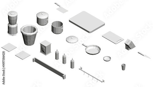 A collection of kitchen items including a pot, a pan, a knife, and a bowl. Concept of organization and functionality, as the various items are laid out in a neat and orderly manner