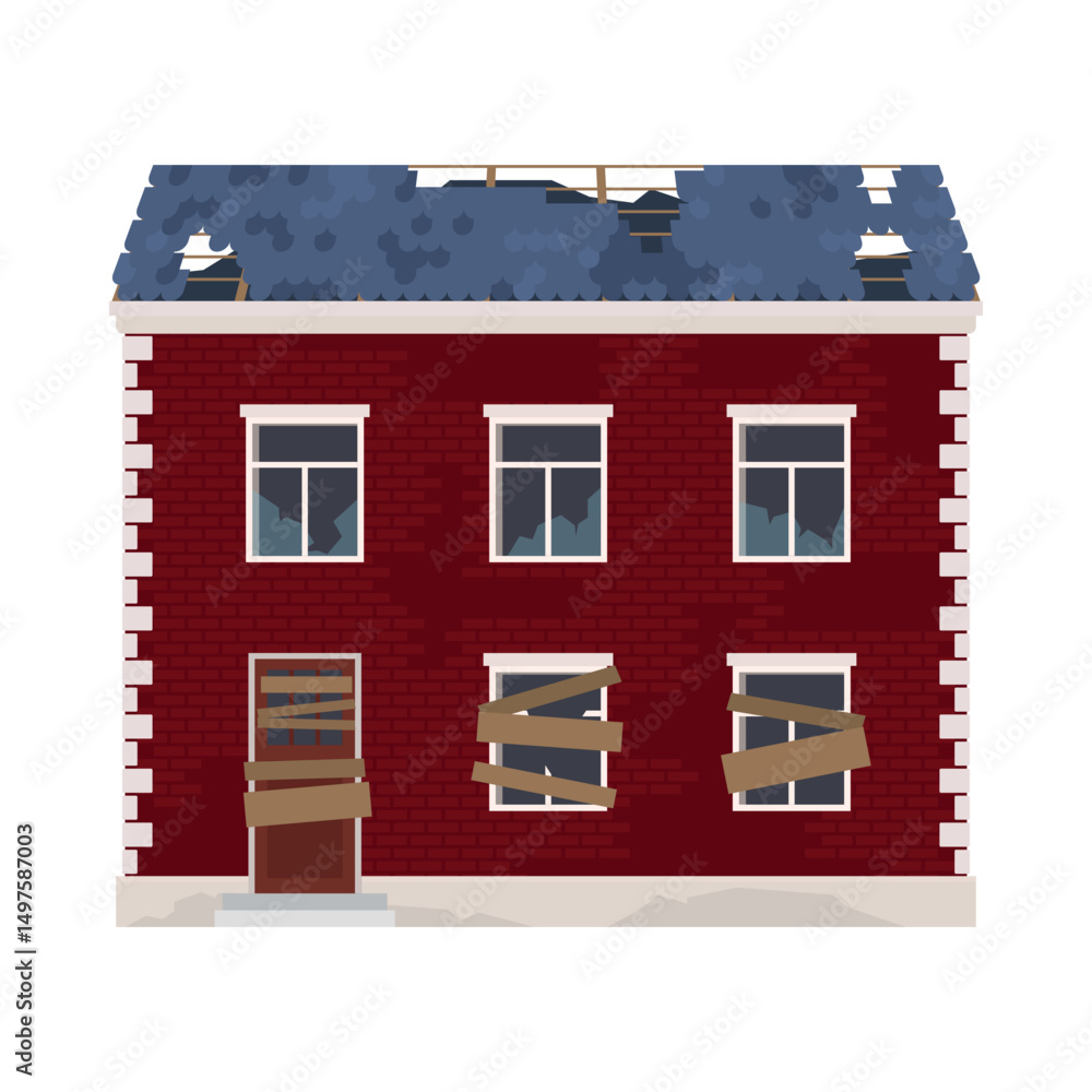 Fototapeta premium An illustration of an abandoned house with boarded up windows and a damaged roof, demonstrating a sense of abandonment and decay.