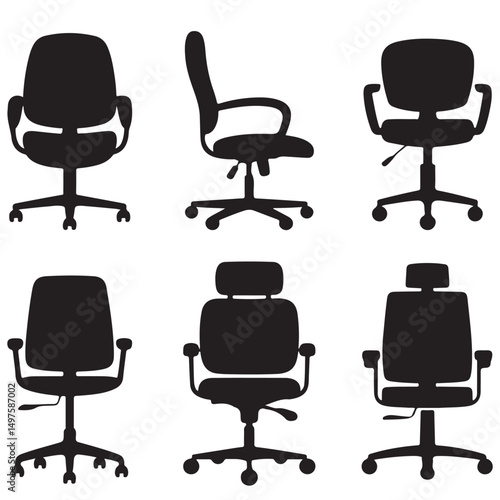 Different Black Silhouettes of Office Chairs, Black Silhouettes of Modern Office Chairs, Silhouettes of Office Chairs in Different Views