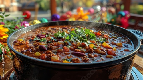 Warm bowl of comforting chili soup garnished with fresh ingredients ready to be enjoyed on a chilly evening at home