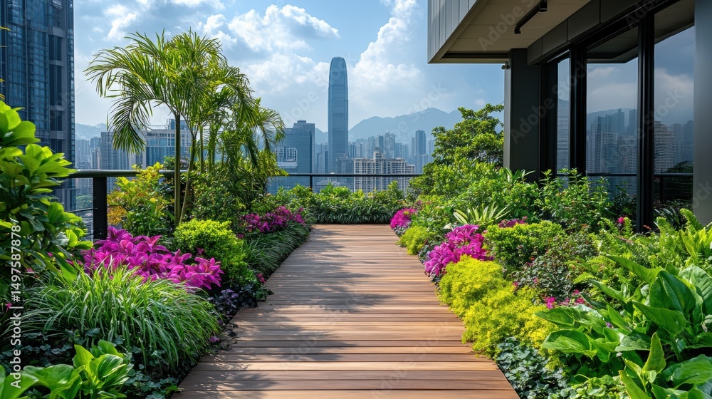 Obraz premium Rooftop Garden with Plants, Pathway, and City Skyline
