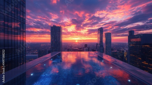 Rooftop Pool Reflecting Sunset Over City Skyline