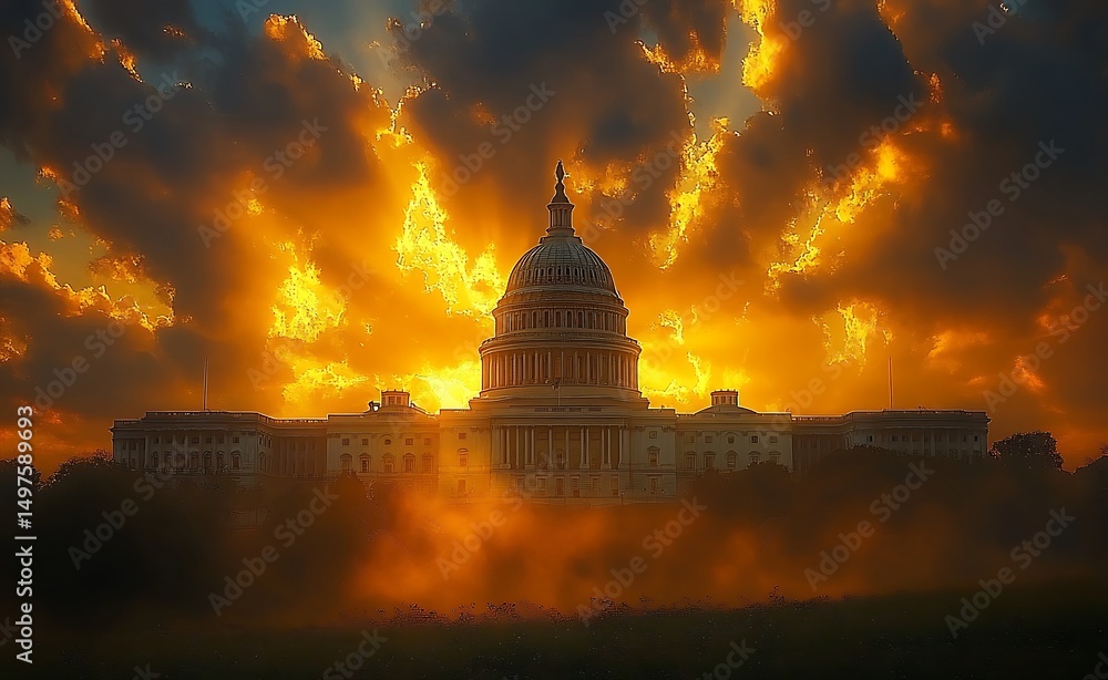Obraz premium United states capitol building silhouetted against a fiery dramatic sunset sky
