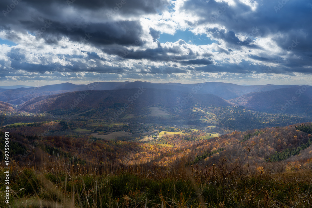 Obraz premium Explore the Serene Bieszczady Mountains: Rolling Hills, Untamed Wilderness & Breathtaking Panoramas of Poland's Eastern Carpathians. A fairytale shot, play of light, autumn colors