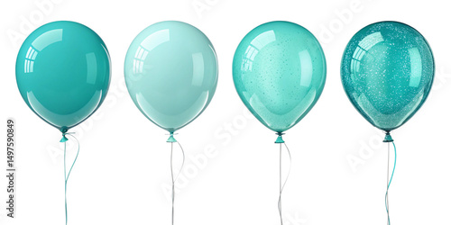 Glossy teal and turquoise latex balloons with matte and glitter finishes – festive aqua-toned balloon set for celebration and party decor in transparent background