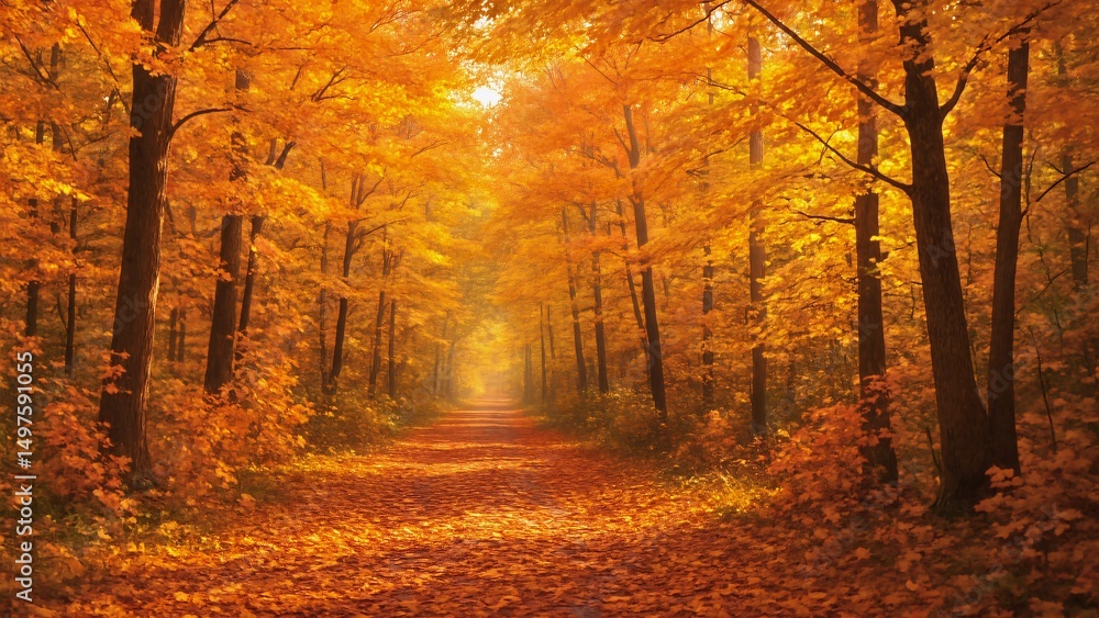 Fototapeta premium Warm sunlight filters through the vibrant orange and yellow canopy of trees, creating a magical atmosphere along a picturesque forest path carpeted with fallen leaves during the peak of autumn