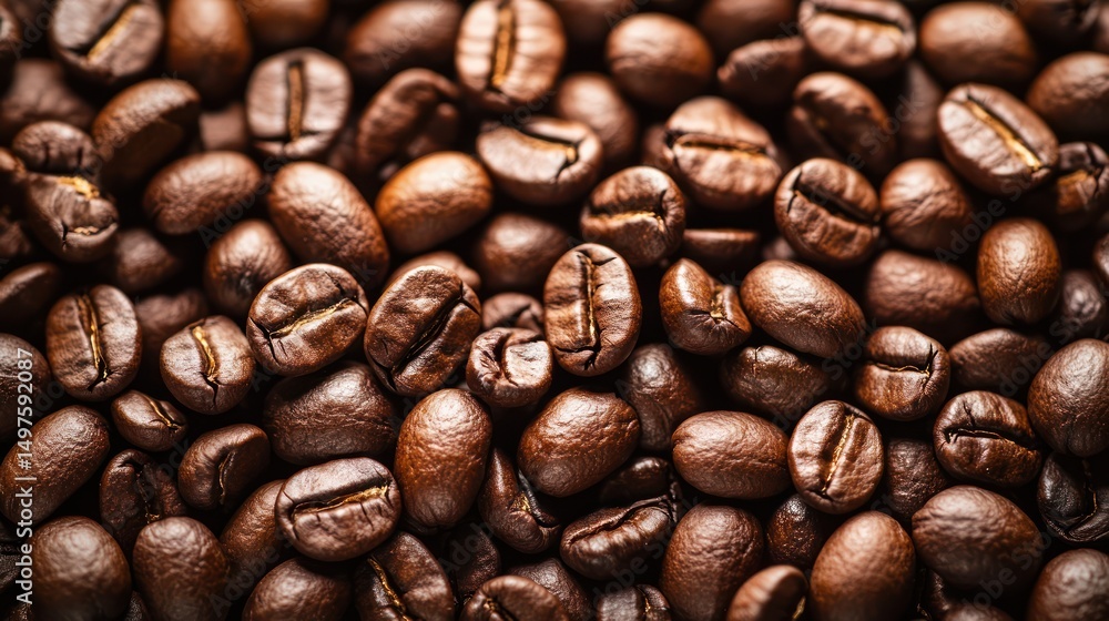 Fototapeta premium Roasted coffee beans closeup, dark background, texture, food, beverage industry