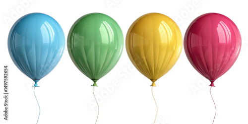 Glossy green, teal, yellow and pink latex balloons in a row on transparent background – colorful vibrant birthday party decoration set